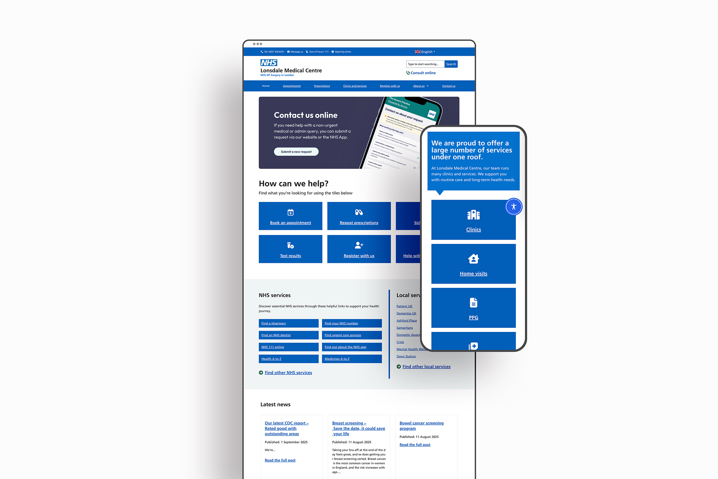 Lonsdale Medical Centre website homepage showing NHS compliant web design